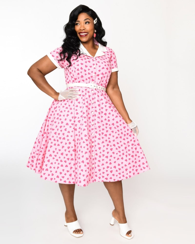 White Polka Dot & Red Rose Print Rockabilly 50s Swing Dress w