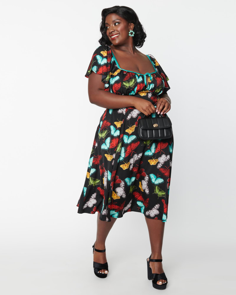 Vintage Plus Size Black & Multi Butterfly Print Swing Dress |