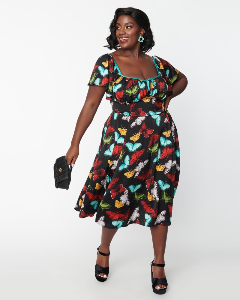 Unique Vintage Plus Size Black & Multi Butterfly Print Swing Dress