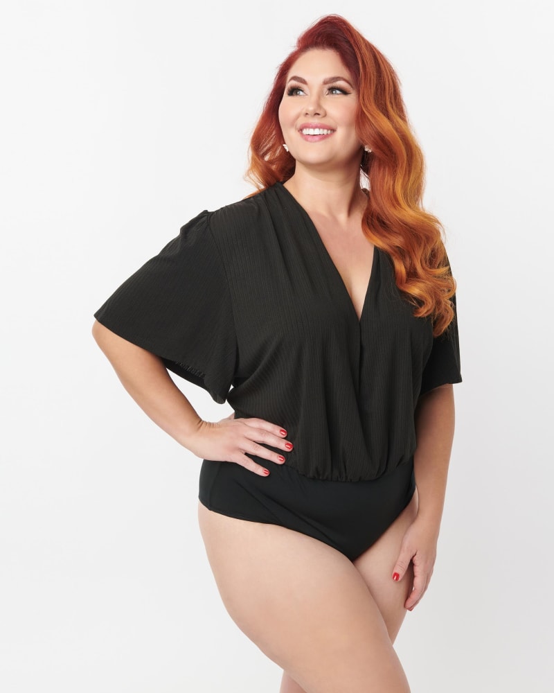 Unique Vintage Plus Size Black Flutter Sleeve Bodysuit