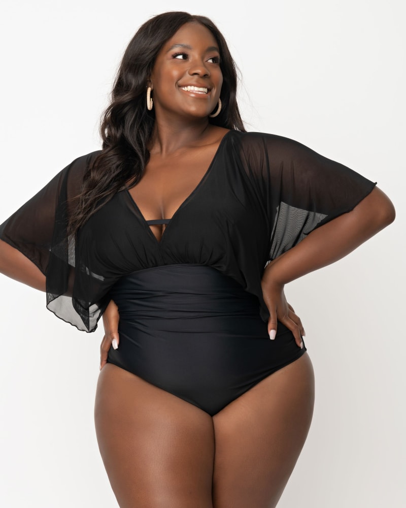 Unique Vintage Plus Size Black Mesh Sleeved Torrey Swimsuit