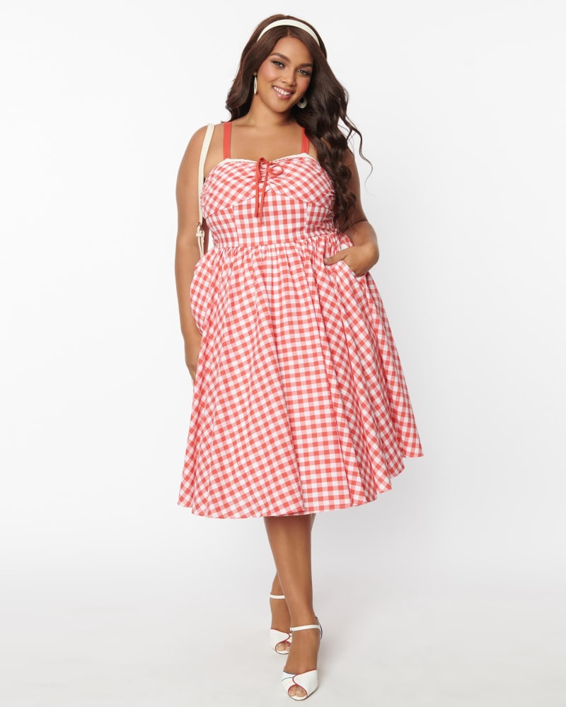 Unique Plus Coral Red Gingham Golightly Swing Dress Cor