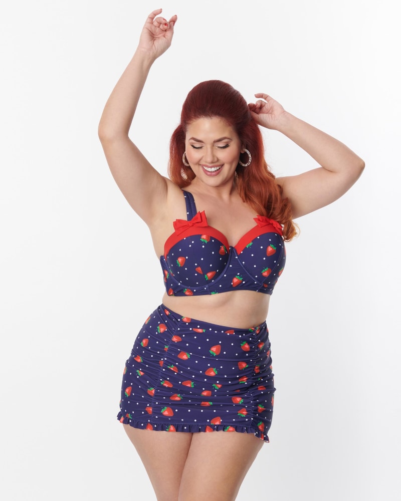 Unique Vintage Plus Size Navy Strawberry Pin Dot Bowed Over Swim Top