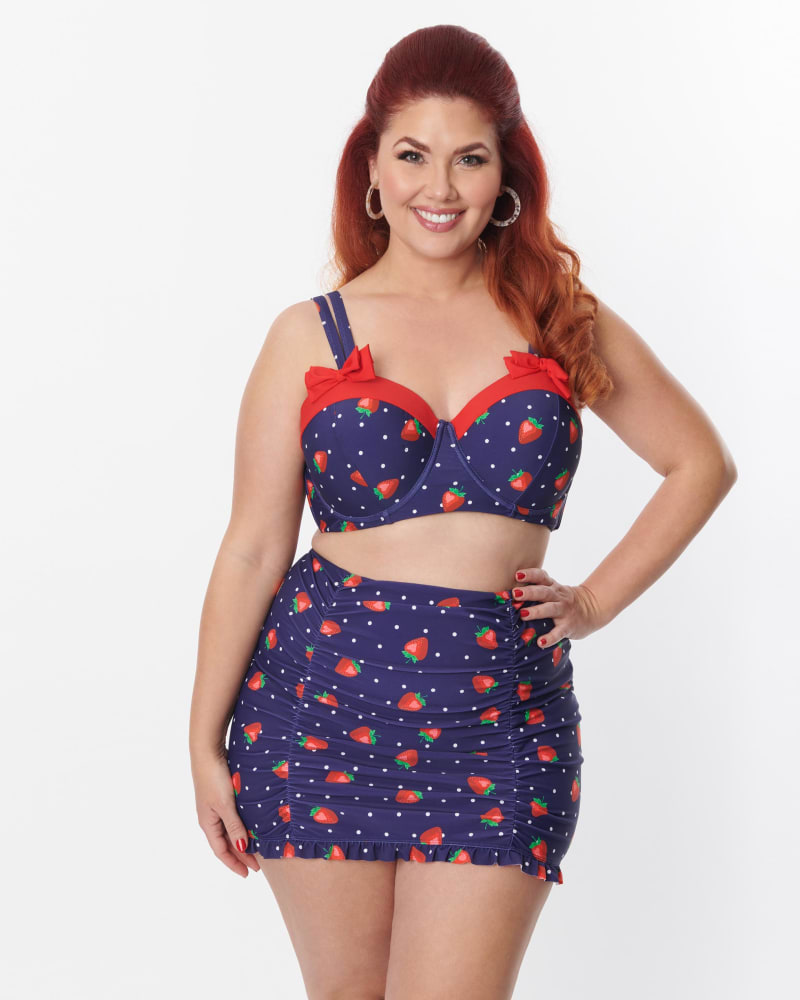 Unique Vintage Plus Size Navy Strawberry Pin Dot Bowed Over Swim Top