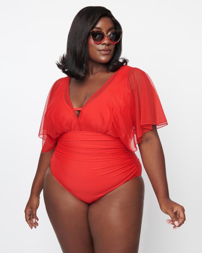 Unique Vintage Plus Size Red Mesh Sleeved Torrey Swimsuit