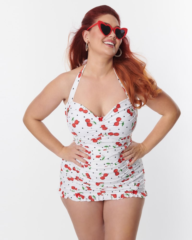 Unique Vintage Plus Size White & Cherry Pin Dot Halter Swim Dress