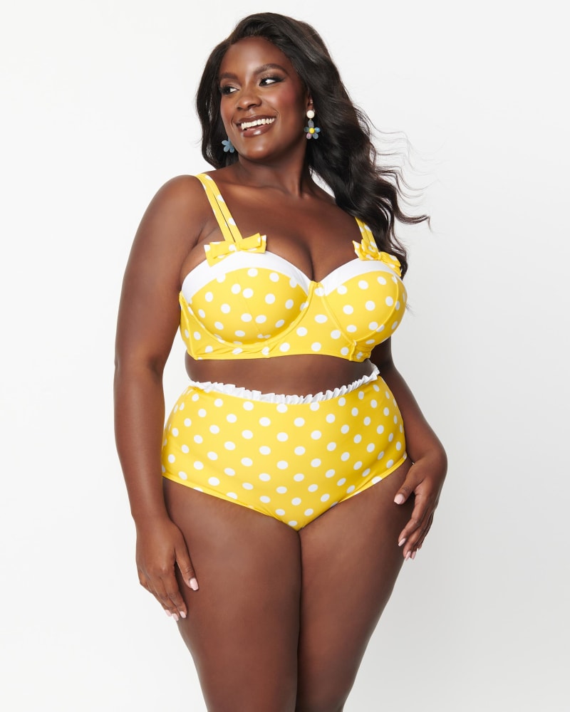 Unique Vintage Plus Size Yellow & White Polka Dot Bowed Over Swim Top