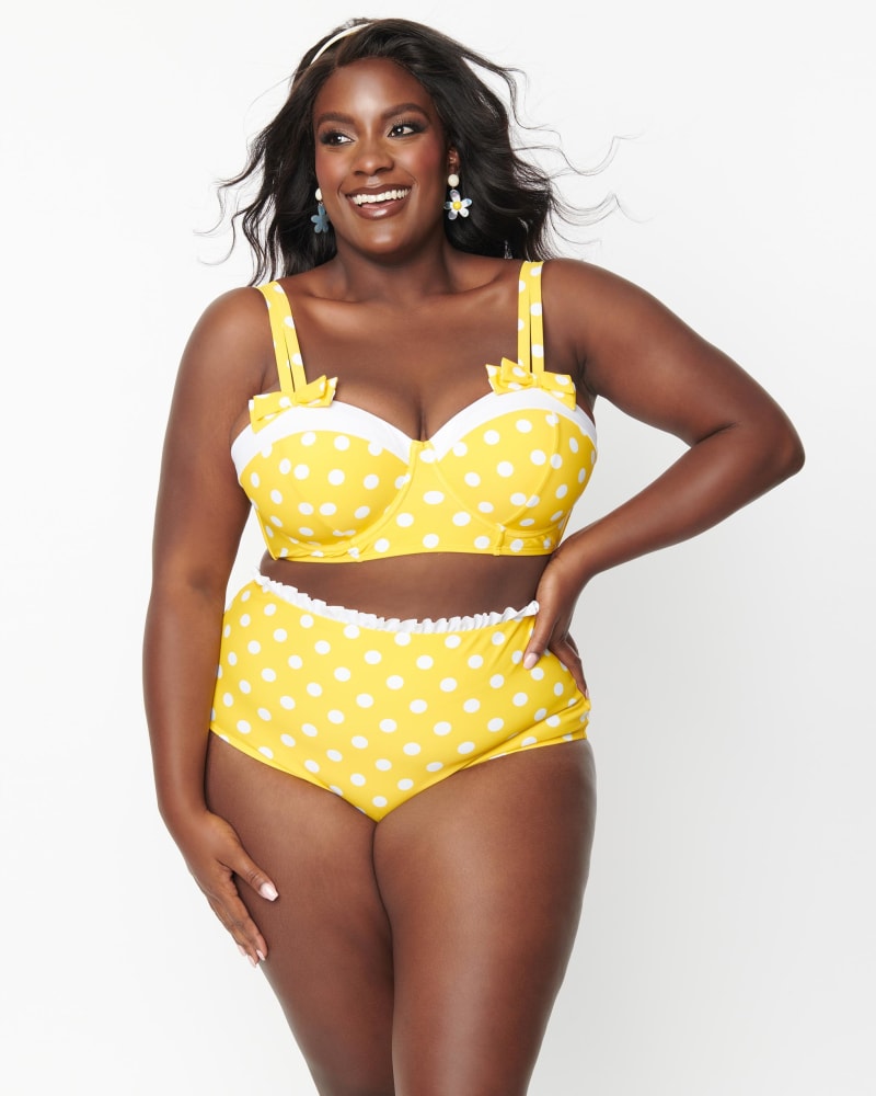 Unique Vintage Plus Size Yellow & White Polka Dot Bowed Over Swim Top