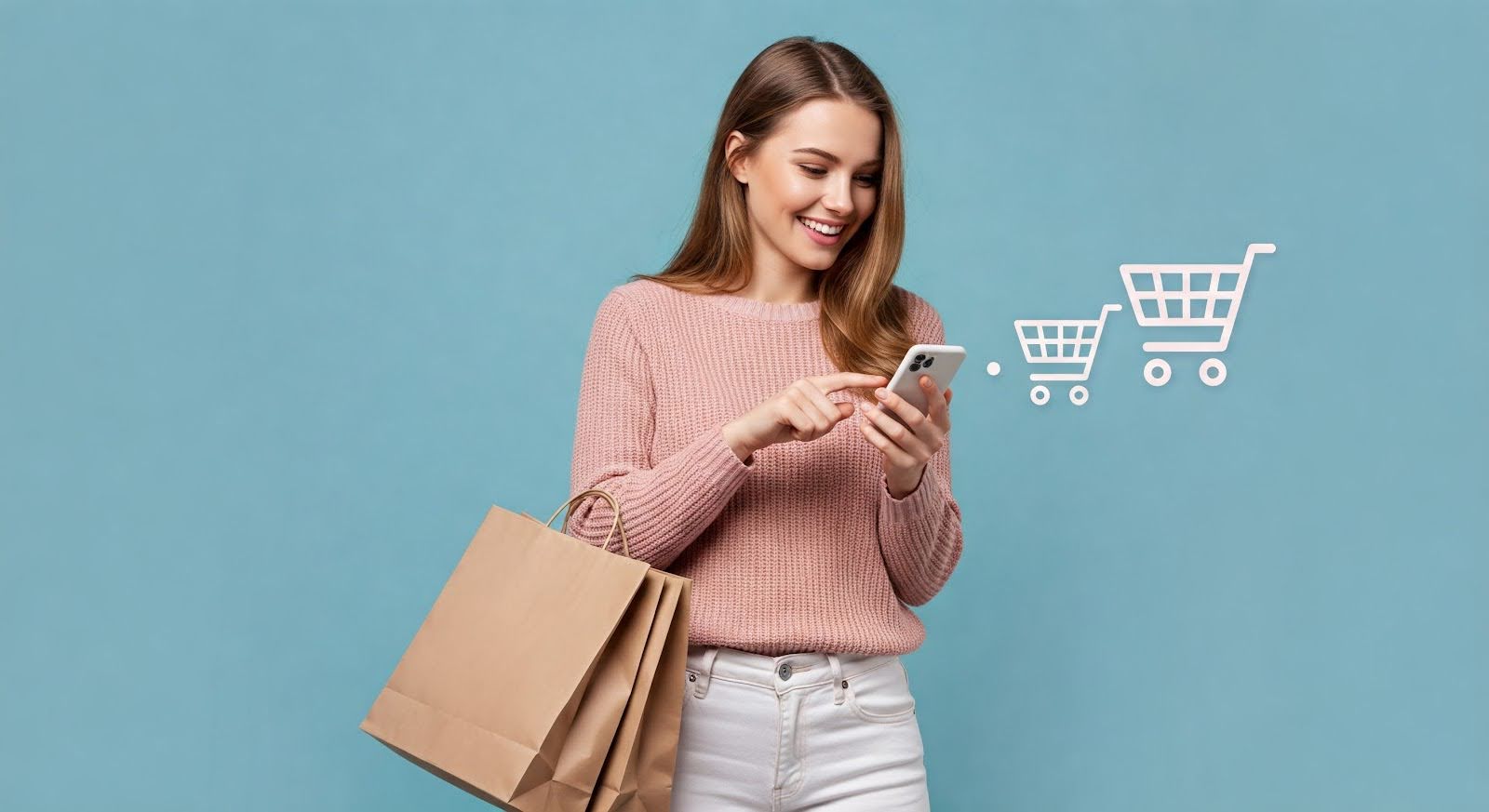 Woman shopping online with smartphone and shopping bag, with digital shopping cart icons