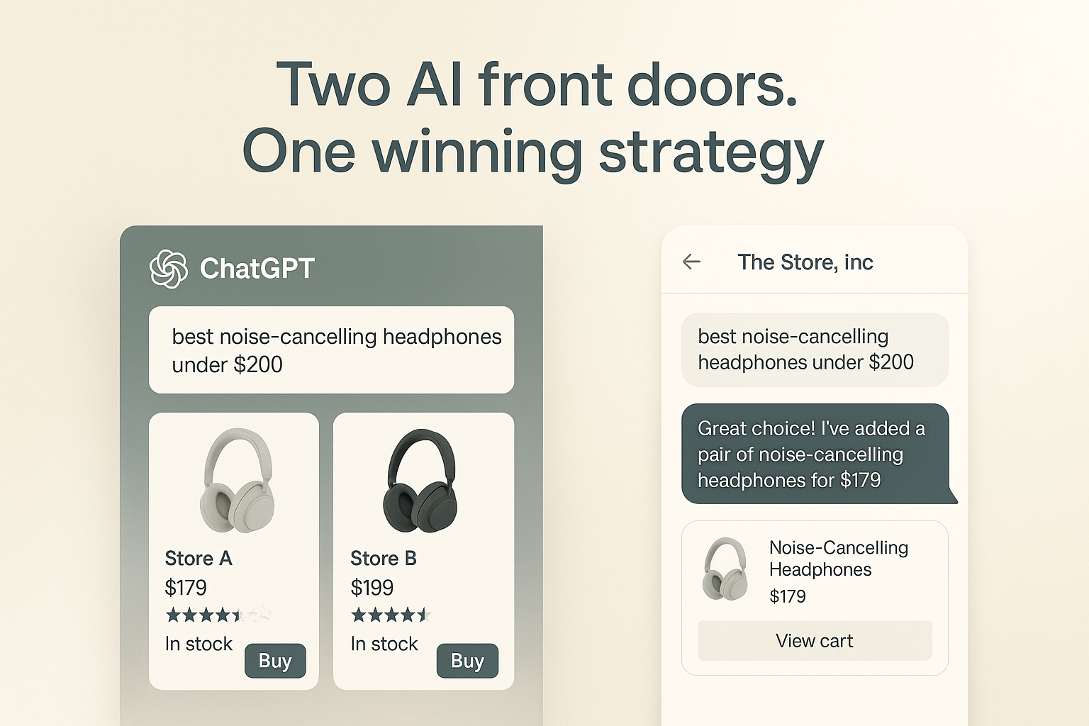 Comparison showing a traditional chatbot response vs ChatGPT's new product carousel, highlighting the direct shopping experience with clickable product cards.