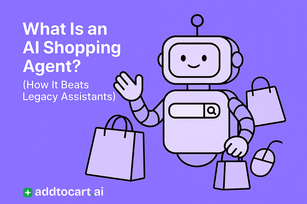 Illustration of a friendly shopping robot waving, holding shopping bags and a mouse, on a purple background.