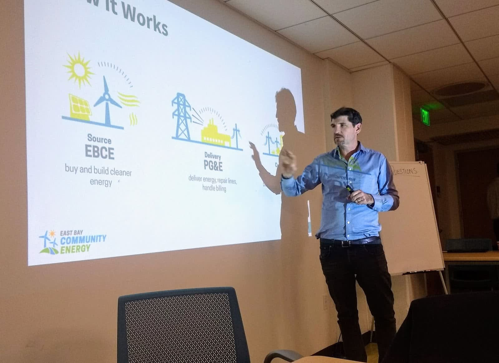 JP Ross speaks at an electrification forum in Berkeley, April 2019