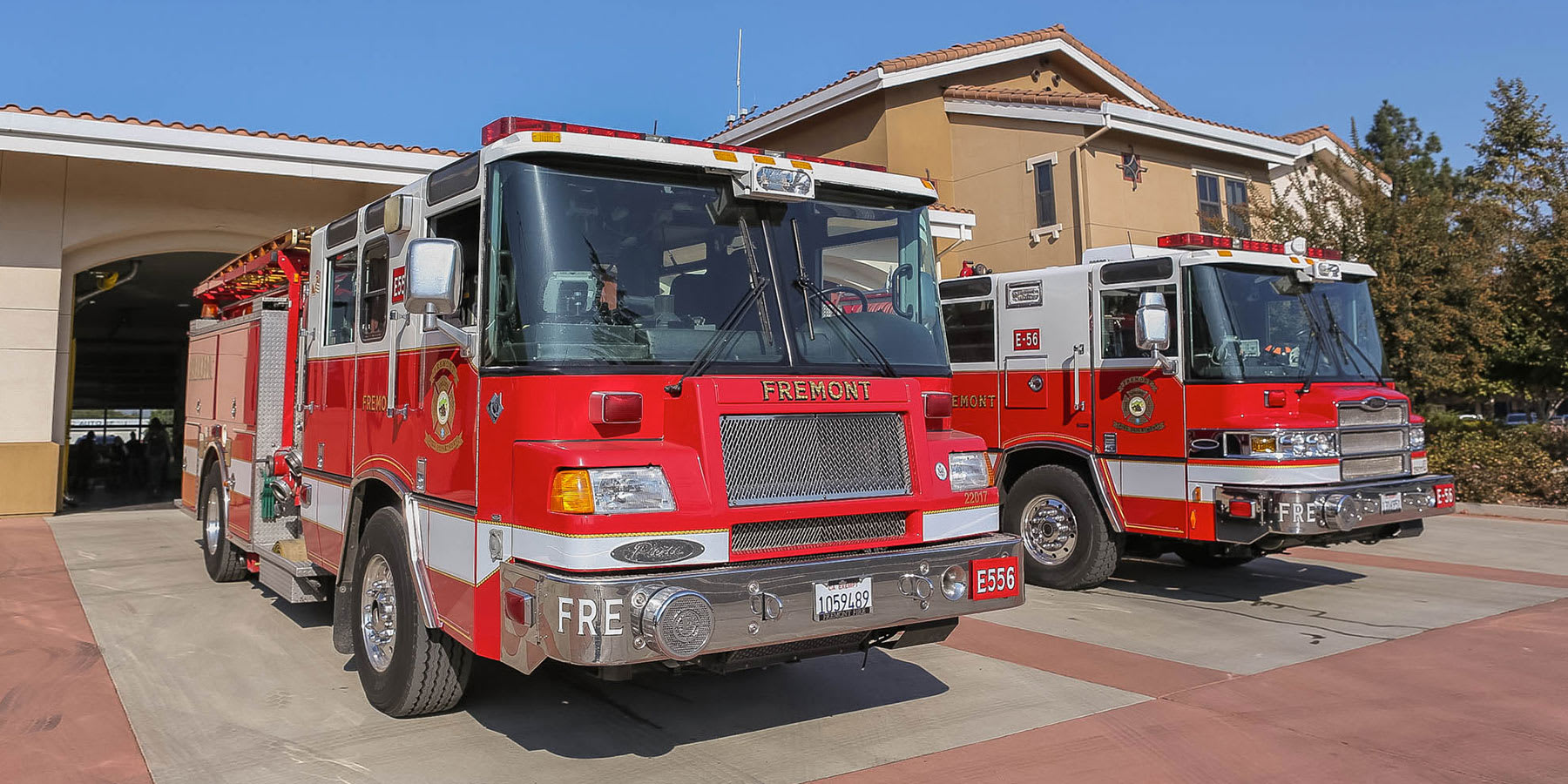 Freemont Fire Station, showing the firetrucks parked in front.