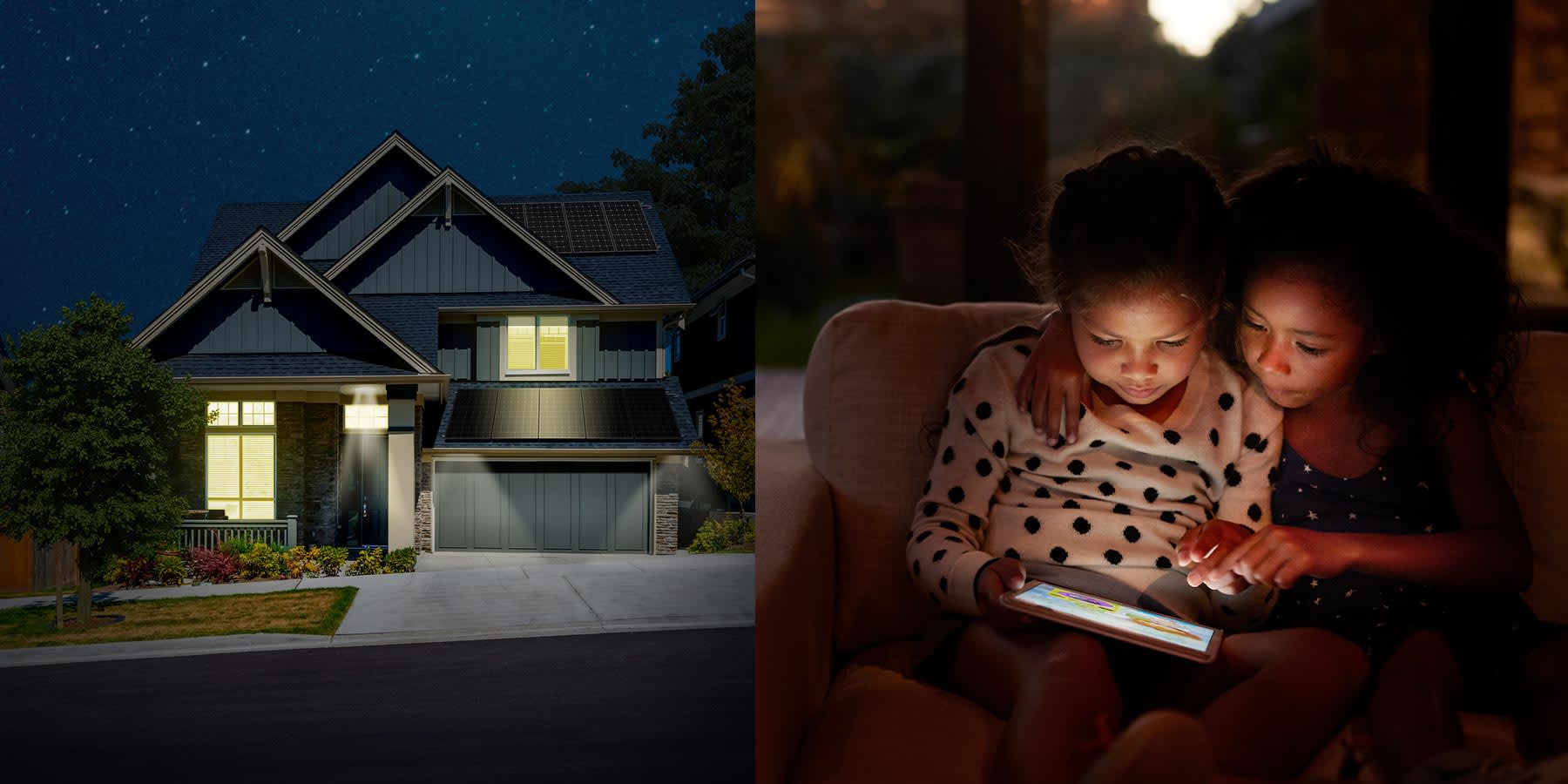 Two children on a laptop a dusk split with an outside view of a house with the lights on and solar panels on the roof.
