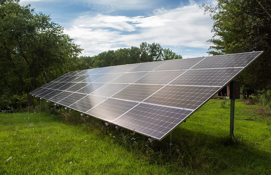 Solar panels in a grassy field surrounded by trees