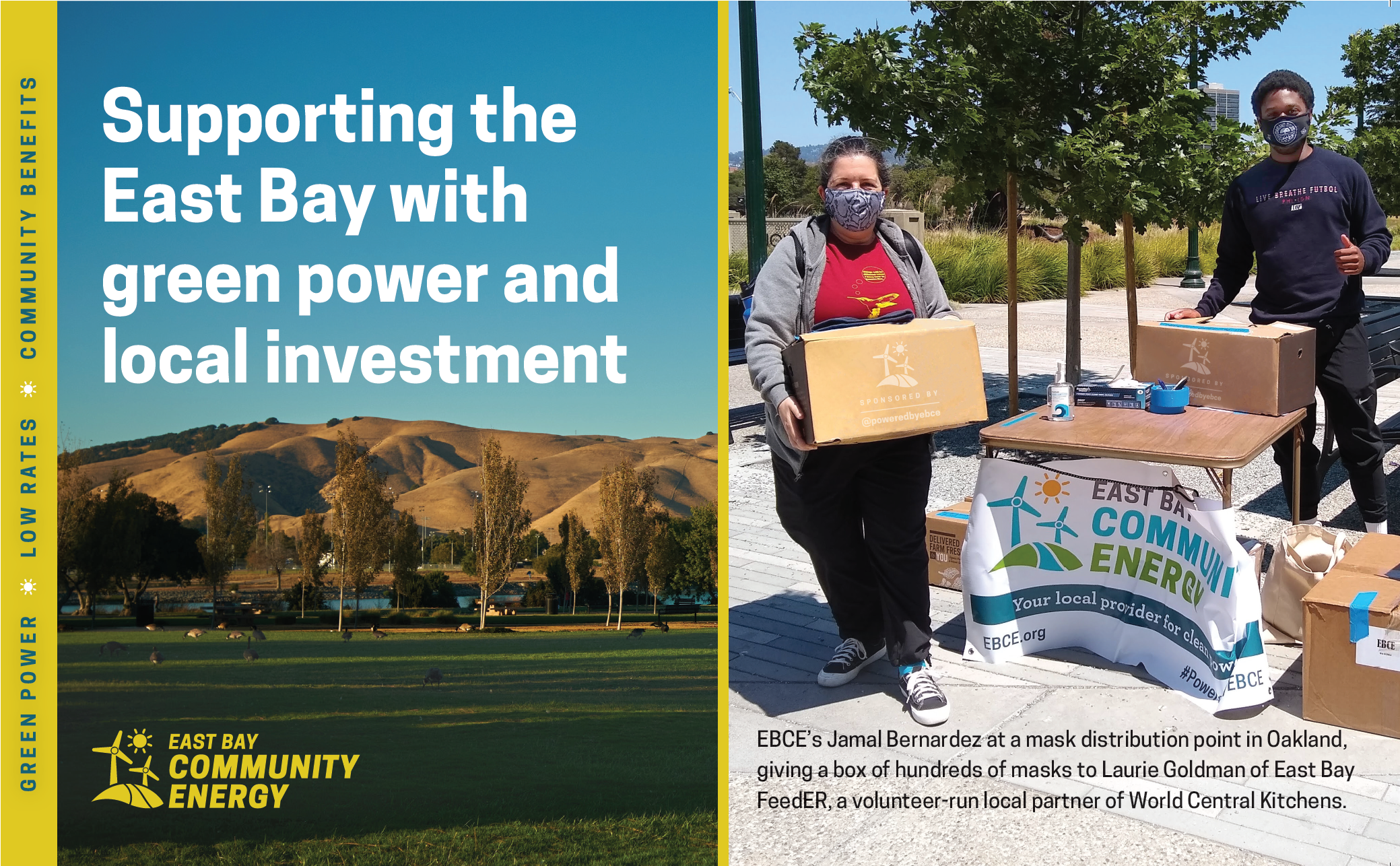 Cover of 2019 Power Content Label: east bay hills and a COVID mask give-away station