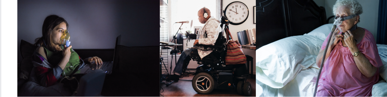 Three photos of one person using a CPAP machine, another in a wheelchair and the last using an oxygen mask.