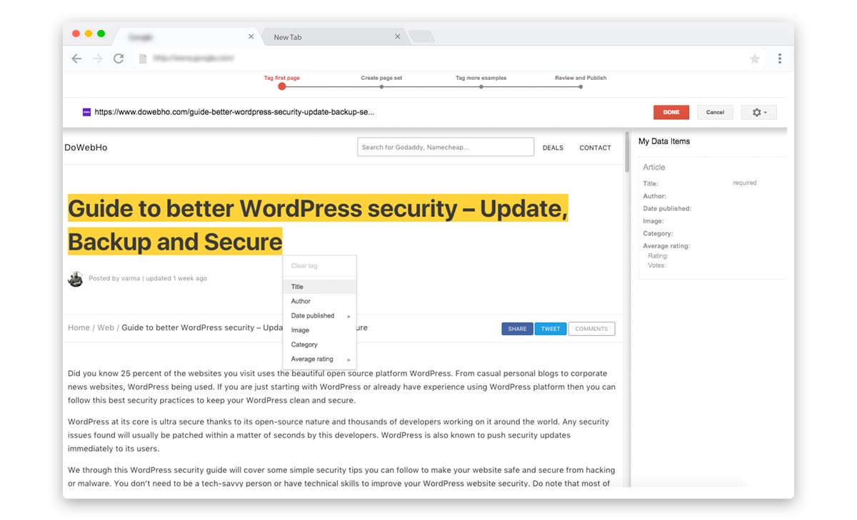 Google Data Highlighter Structured data tagging elements