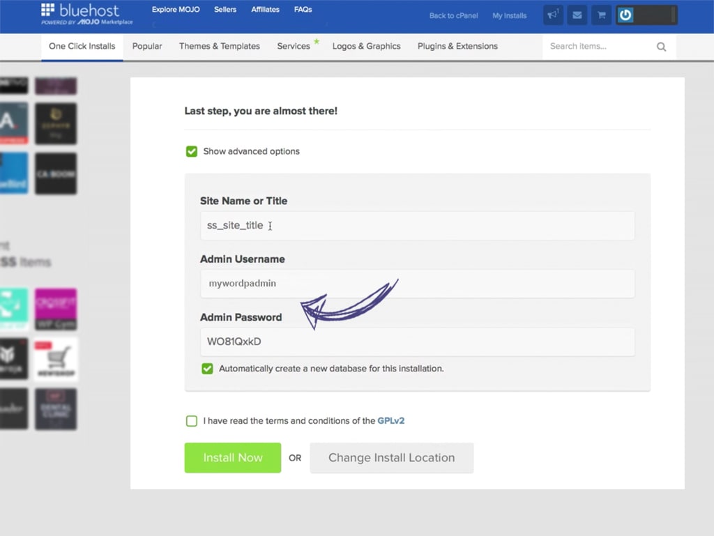 WordPress one-click install advanced option Bluehost WordPress one-click install advanced option Bluehost