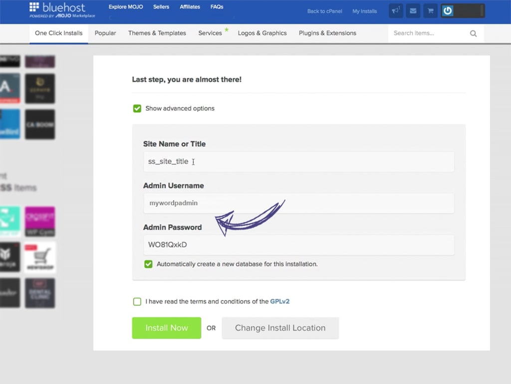 WordPress one-click install advanced option Bluehost