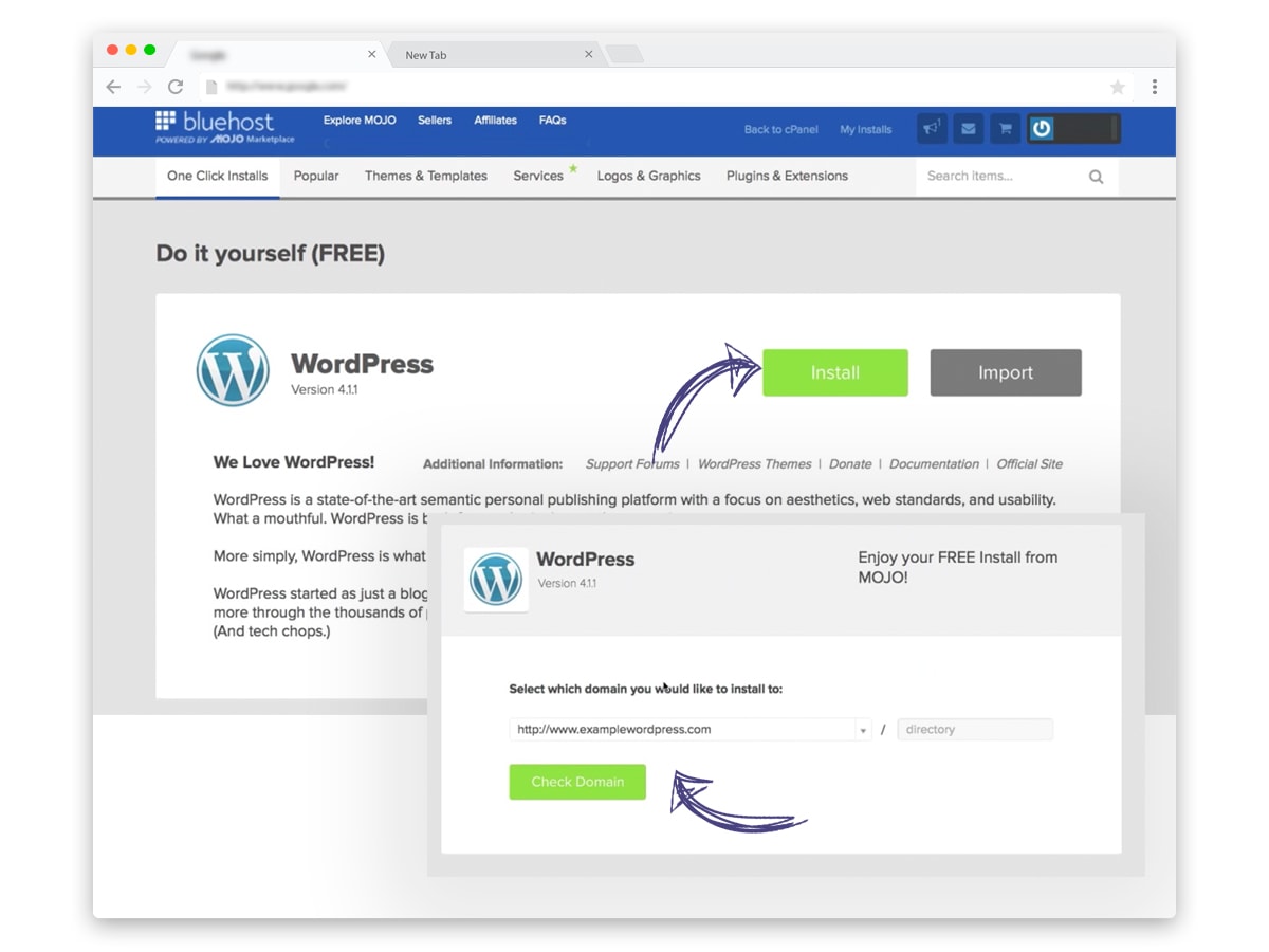 WordPress install guide on Bluehost hosting