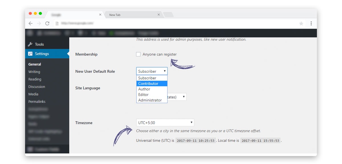 Enable/Disable WordPress member registration and set Time Zone