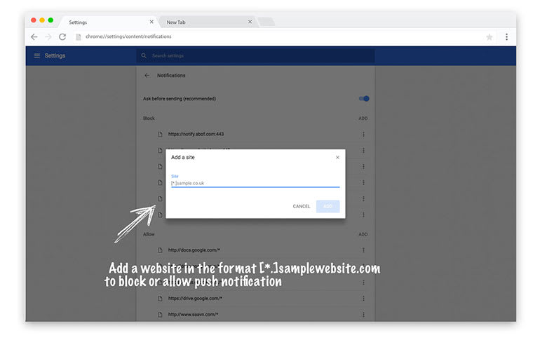 Chrome web browser push notification settings to allow and block