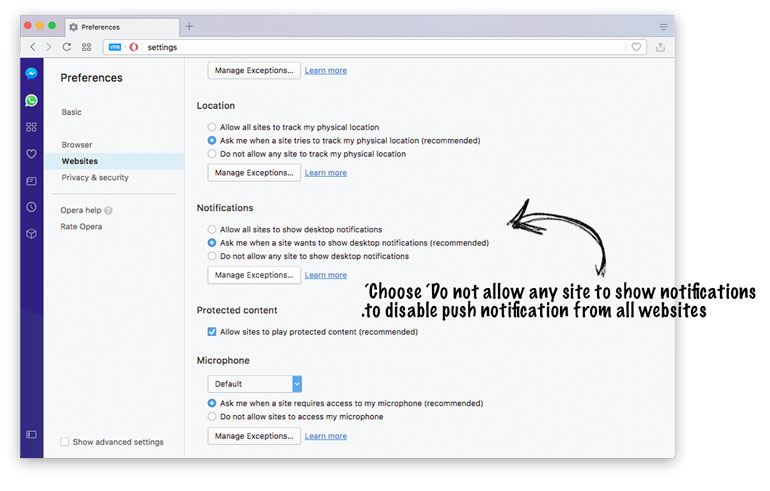 Opera browser push notification settings