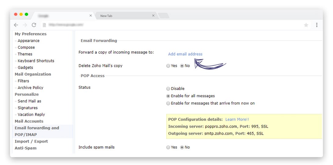 Zoho Mail Email forwarding to Gmail - settings