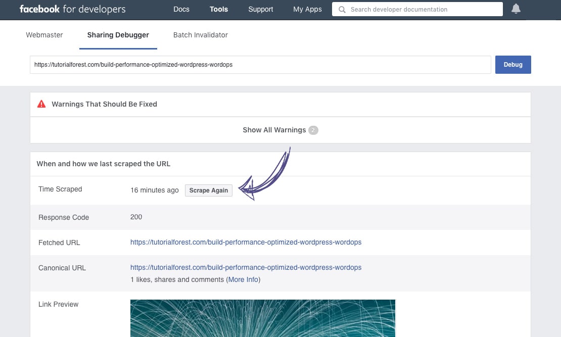 Facebook Sharing Debugger for re-scraping and clearing cache. Facebook Sharing Debugger for re-scraping and clearing cache.