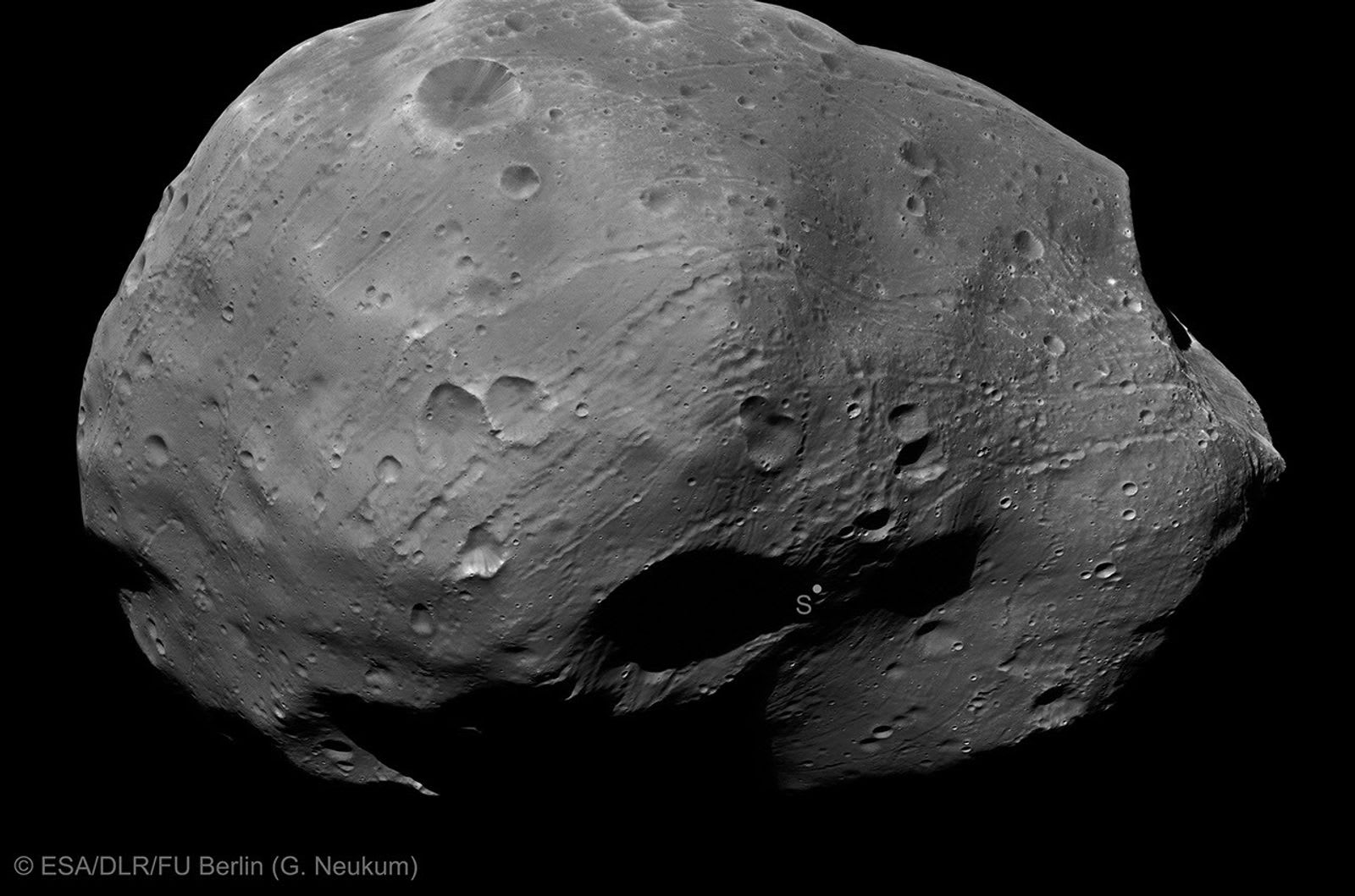 Phobos' South Pole from Mars Express