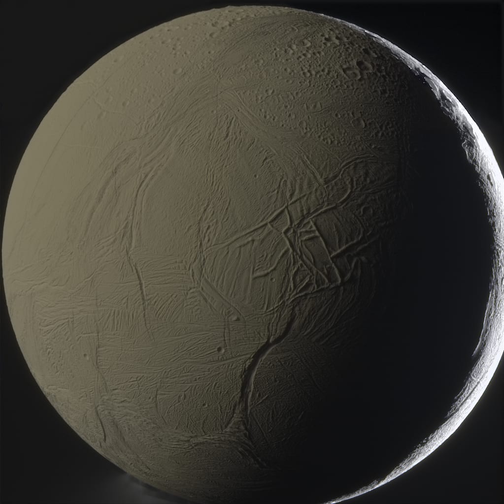 Enceladus Backlit by Saturn