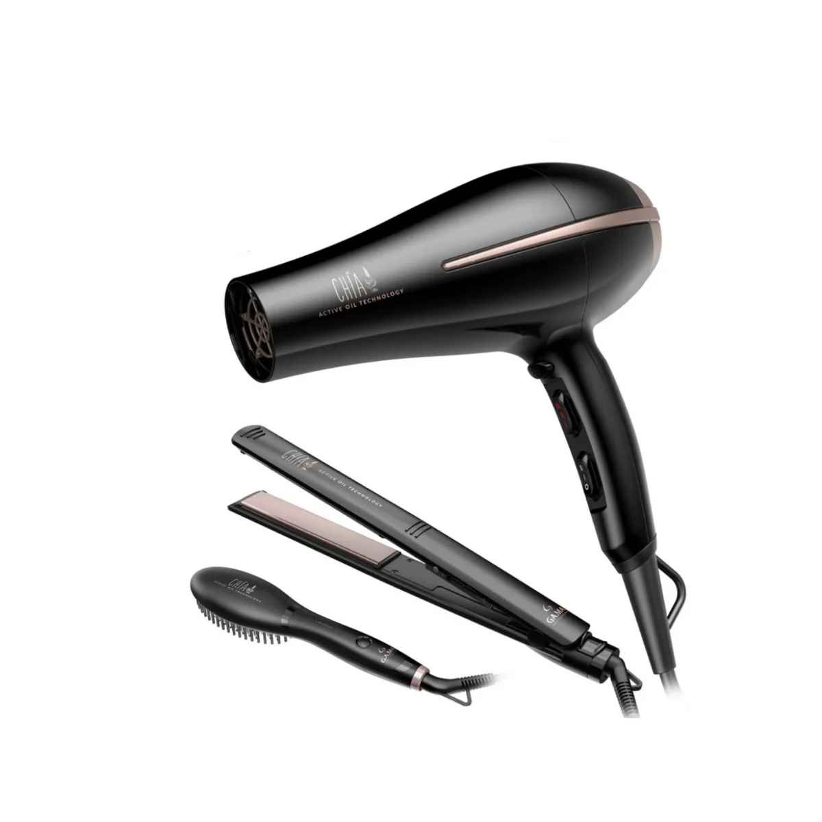 Set Triple GAMA Chia Secador + Alisador + Cepillo