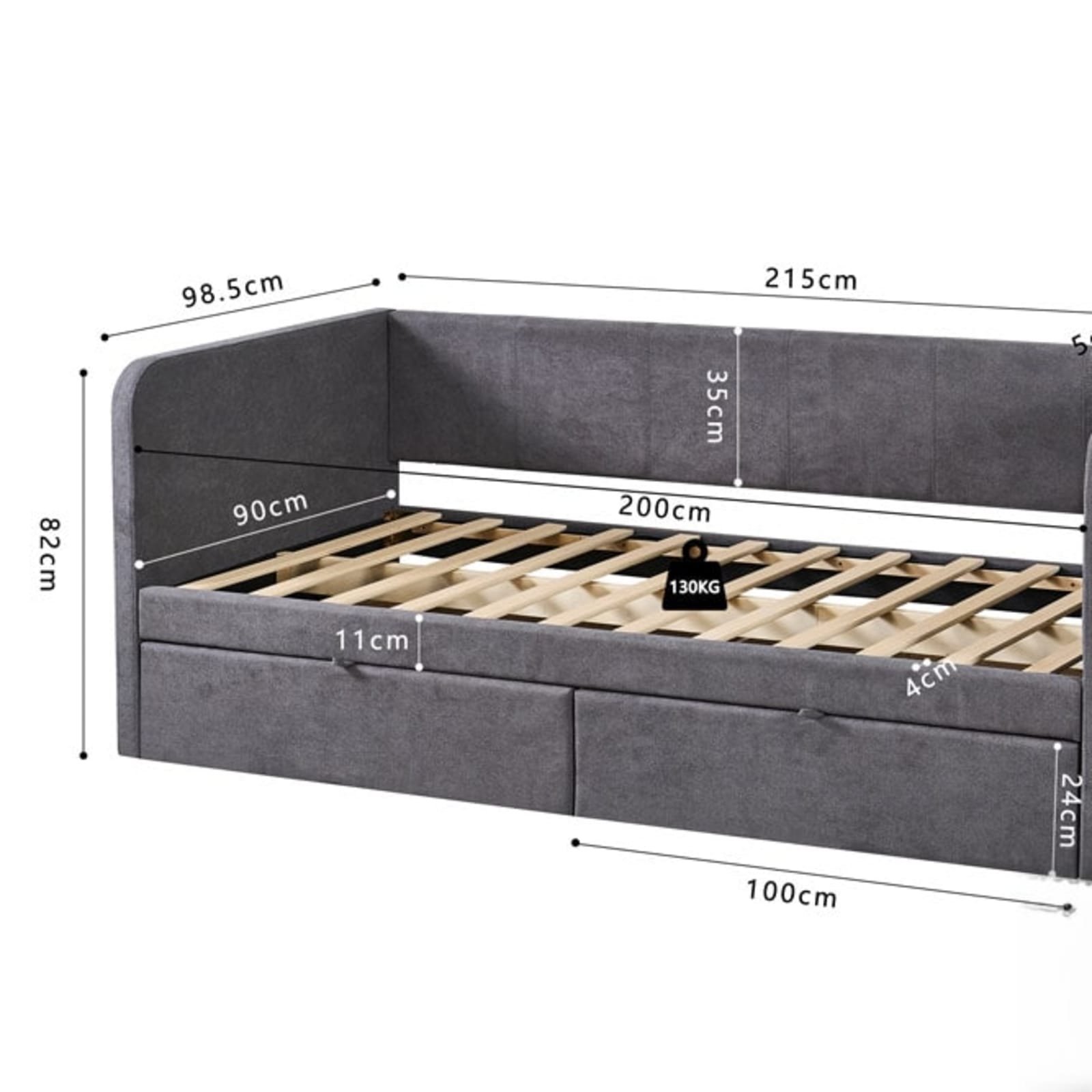 Bed 'Parma' 90×200 met lattenbodem Stof Grijs — 7