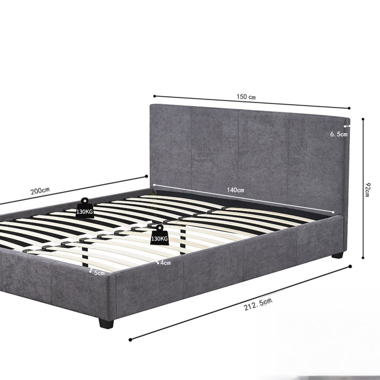 Bed 'Roma' 140×200 met lattenbodem Stof Grijs — 7