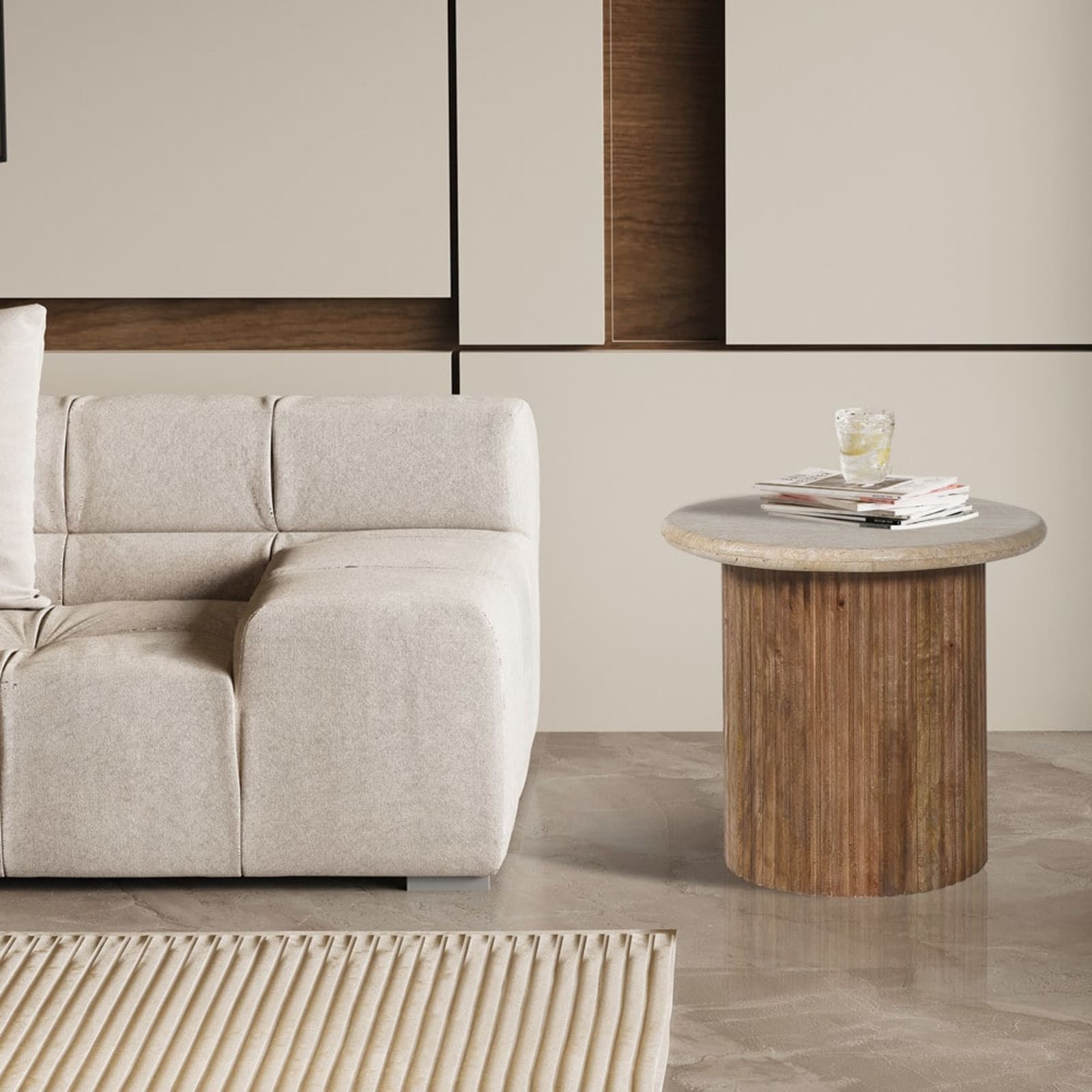 Bijzettafel 'Louis' 50 cm Mango hout met Travertin Beige — 2