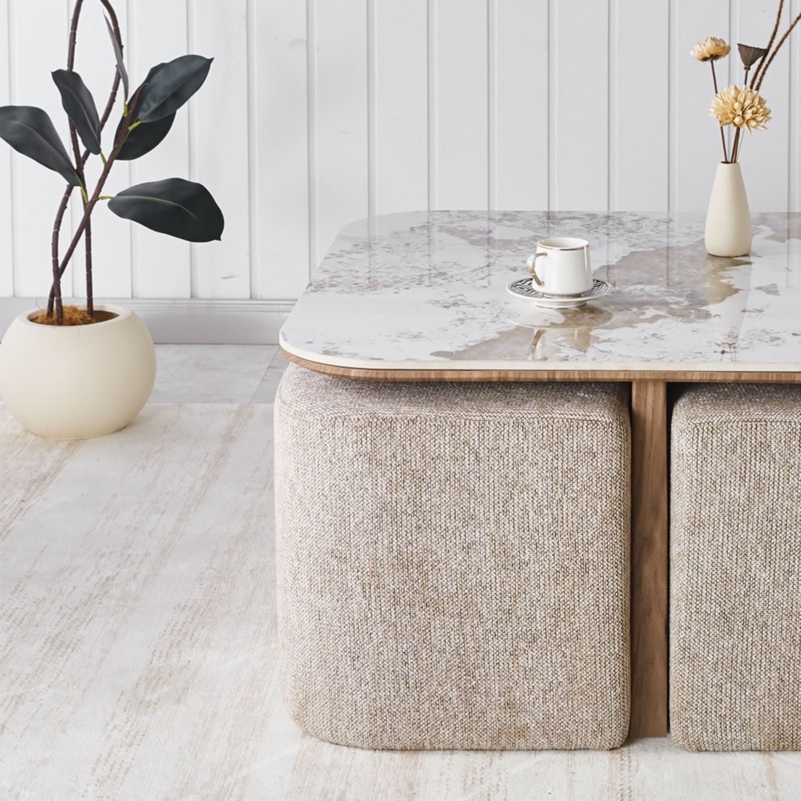Salontafel 'Evora' met 4 poefs stof Glanzend Steen Pandora — 2