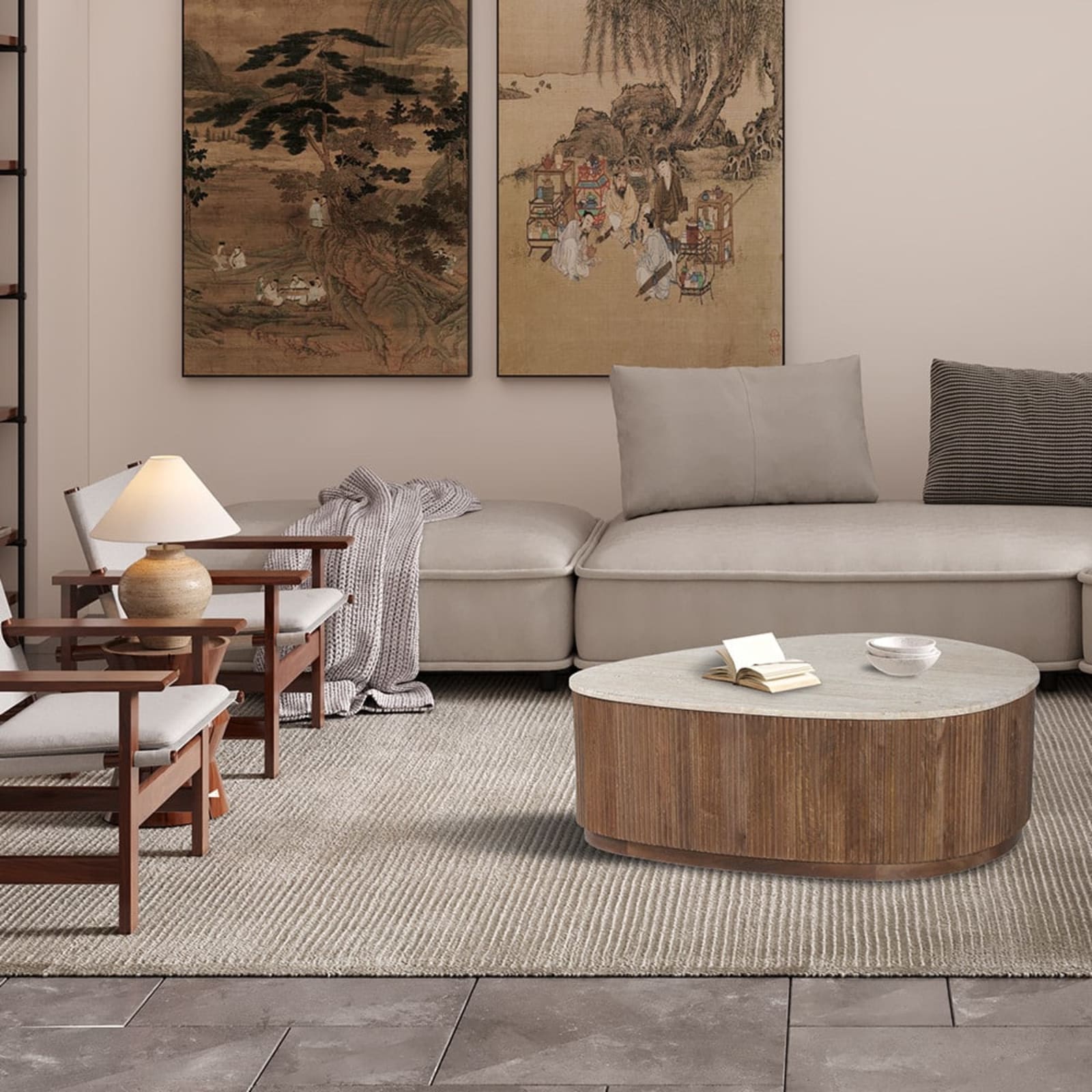 Salontafel 'Nolan' 100 cm Mango hout met Travertin Beige — 2