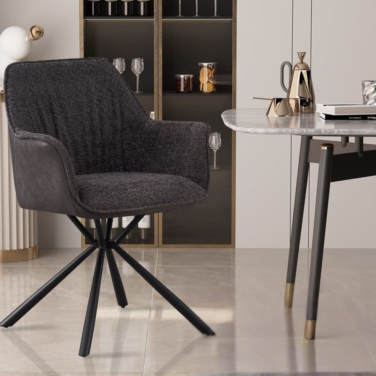 Stoel 'Lucie' Bouclé Grijs Rug PU Lichtgrijs — 2