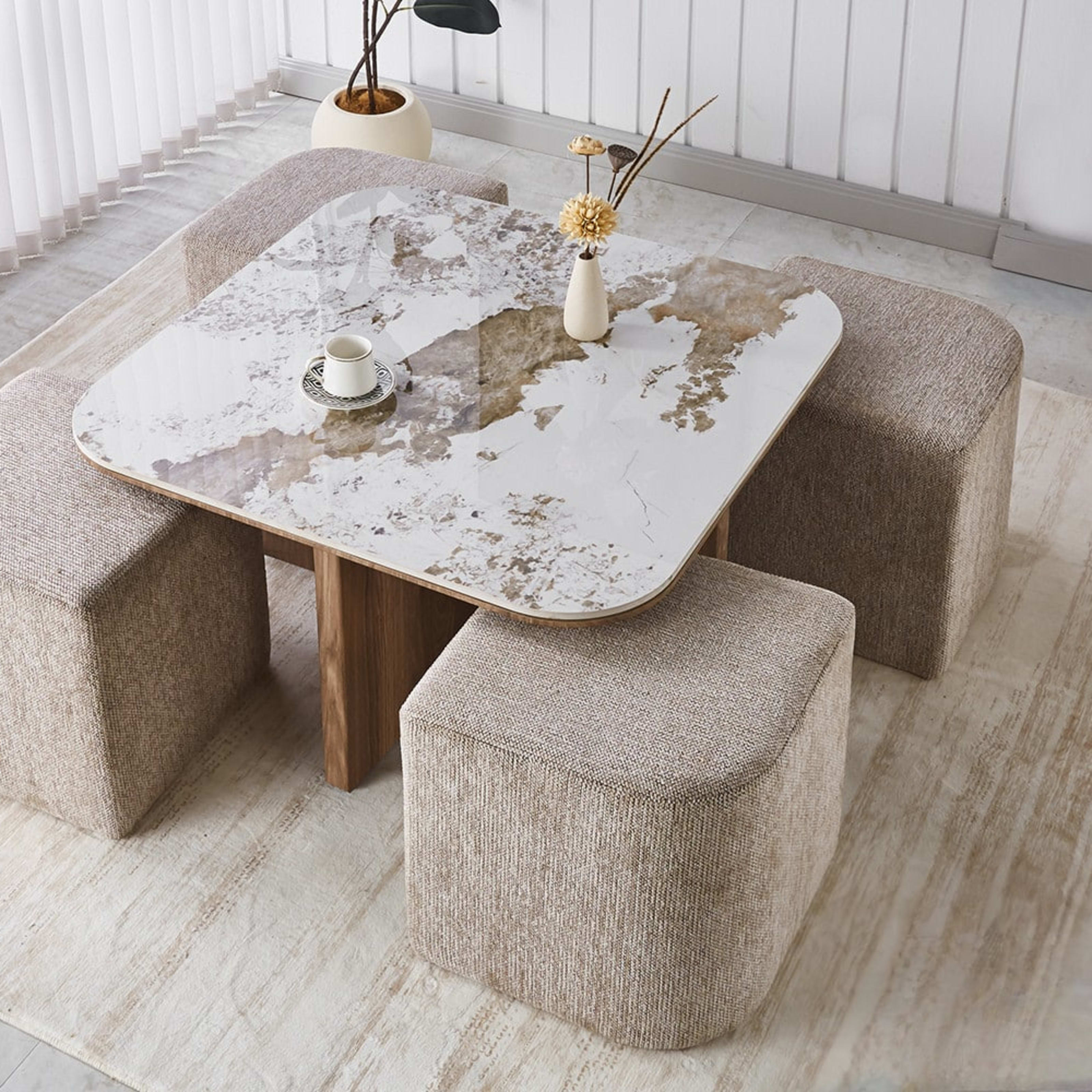 Salontafel 'Evora' met 4 poefs stof Glanzend Steen Pandora — 3