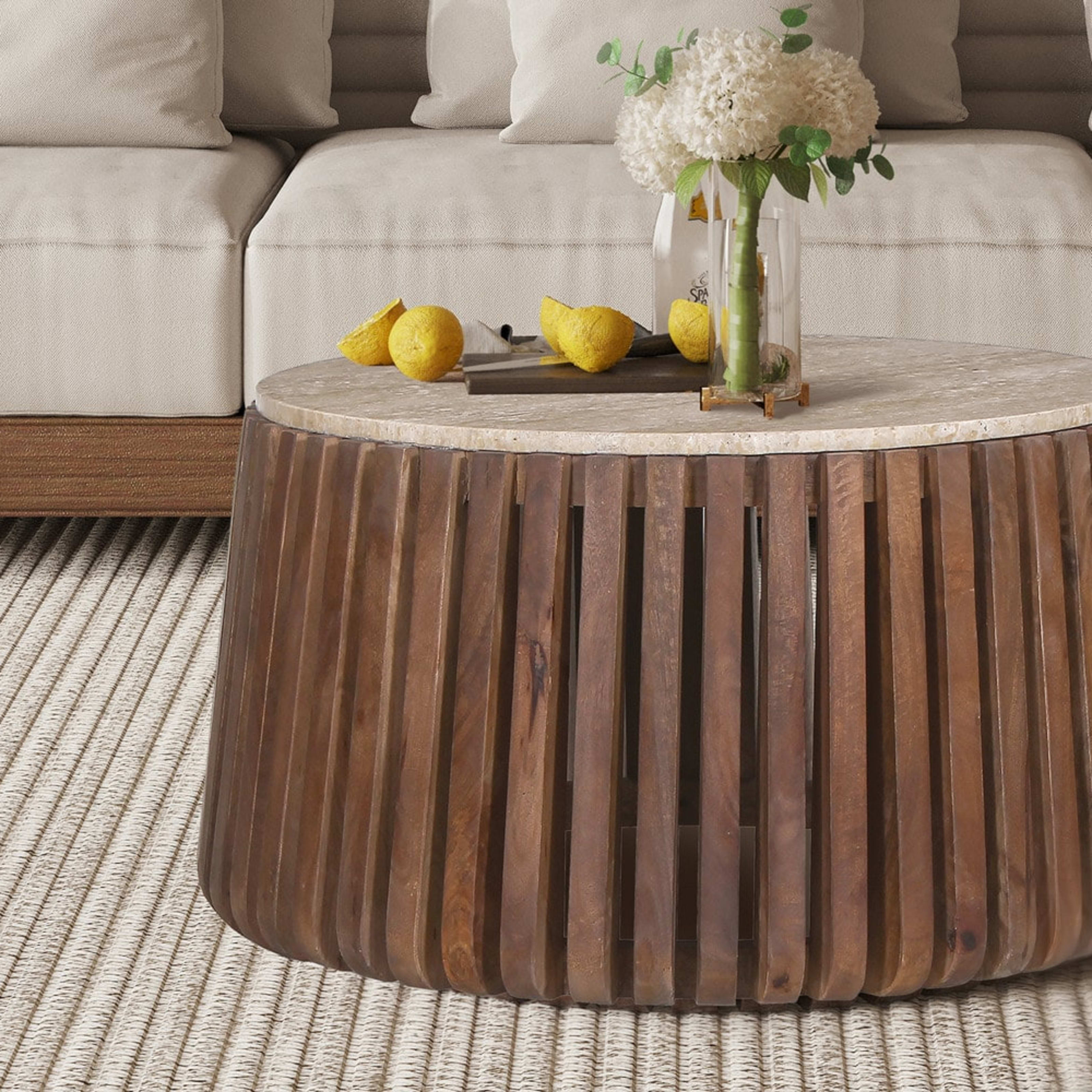 Salontafel 'Luuk' 70 cm Rond Mango hout met Travertin Beige — 2