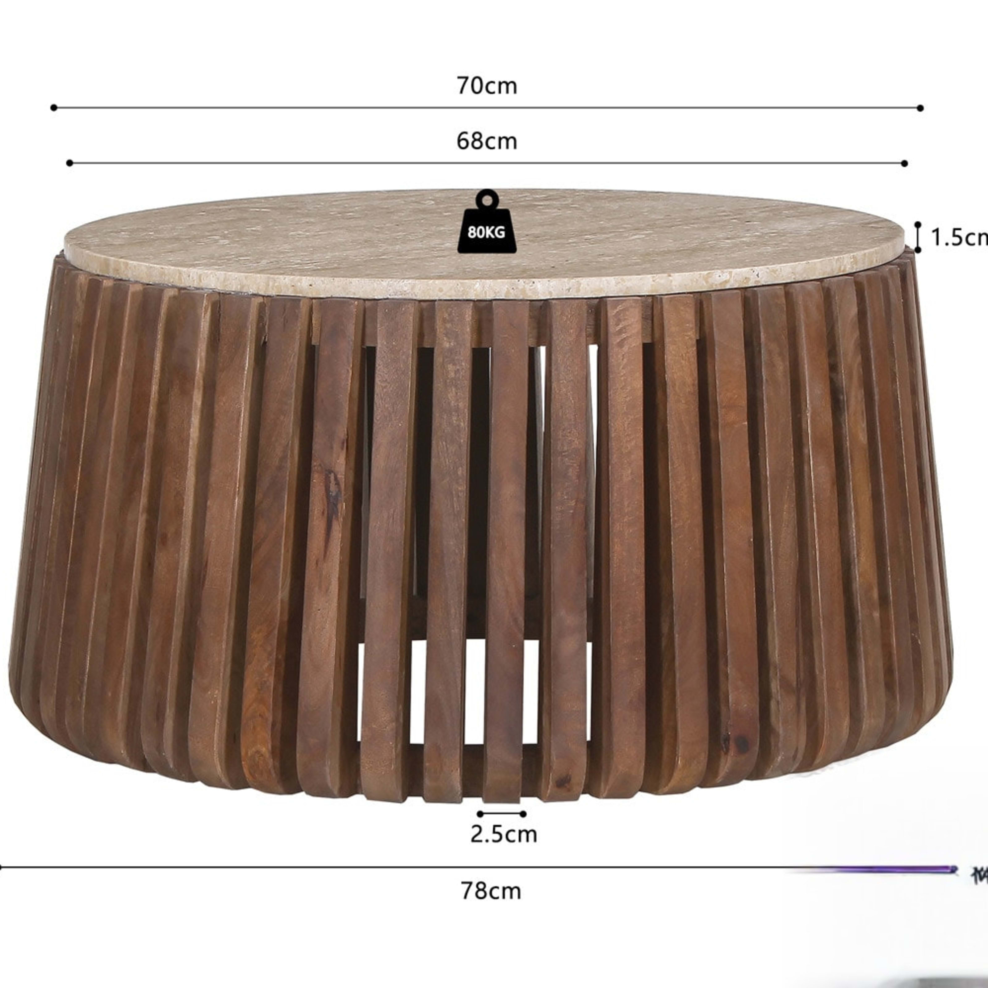 Salontafel 'Luuk' 70 cm Rond Mango hout met Travertin Beige — 5