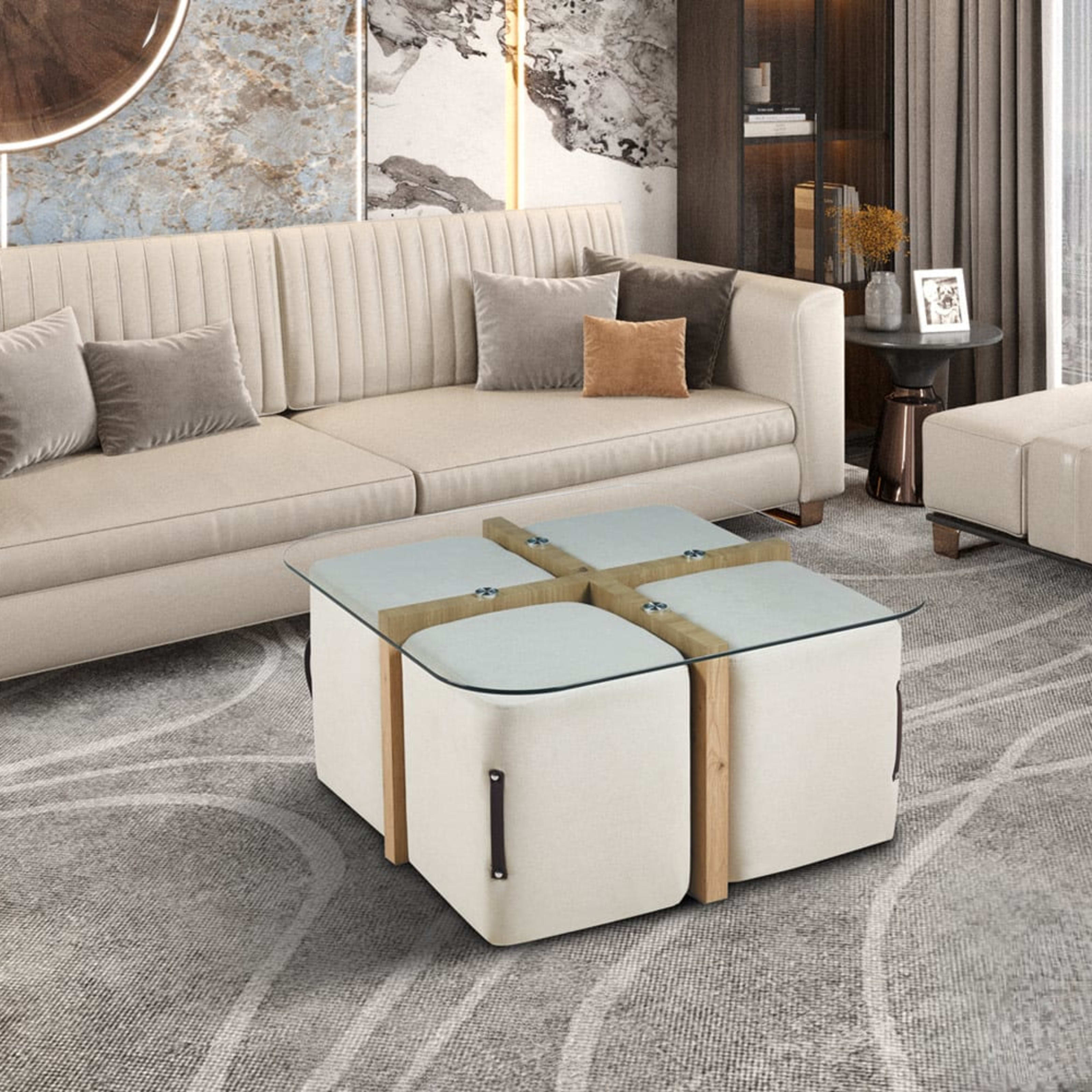 Salontafel 'Shana' met 4 poefs stof Decor Oude eik — 2