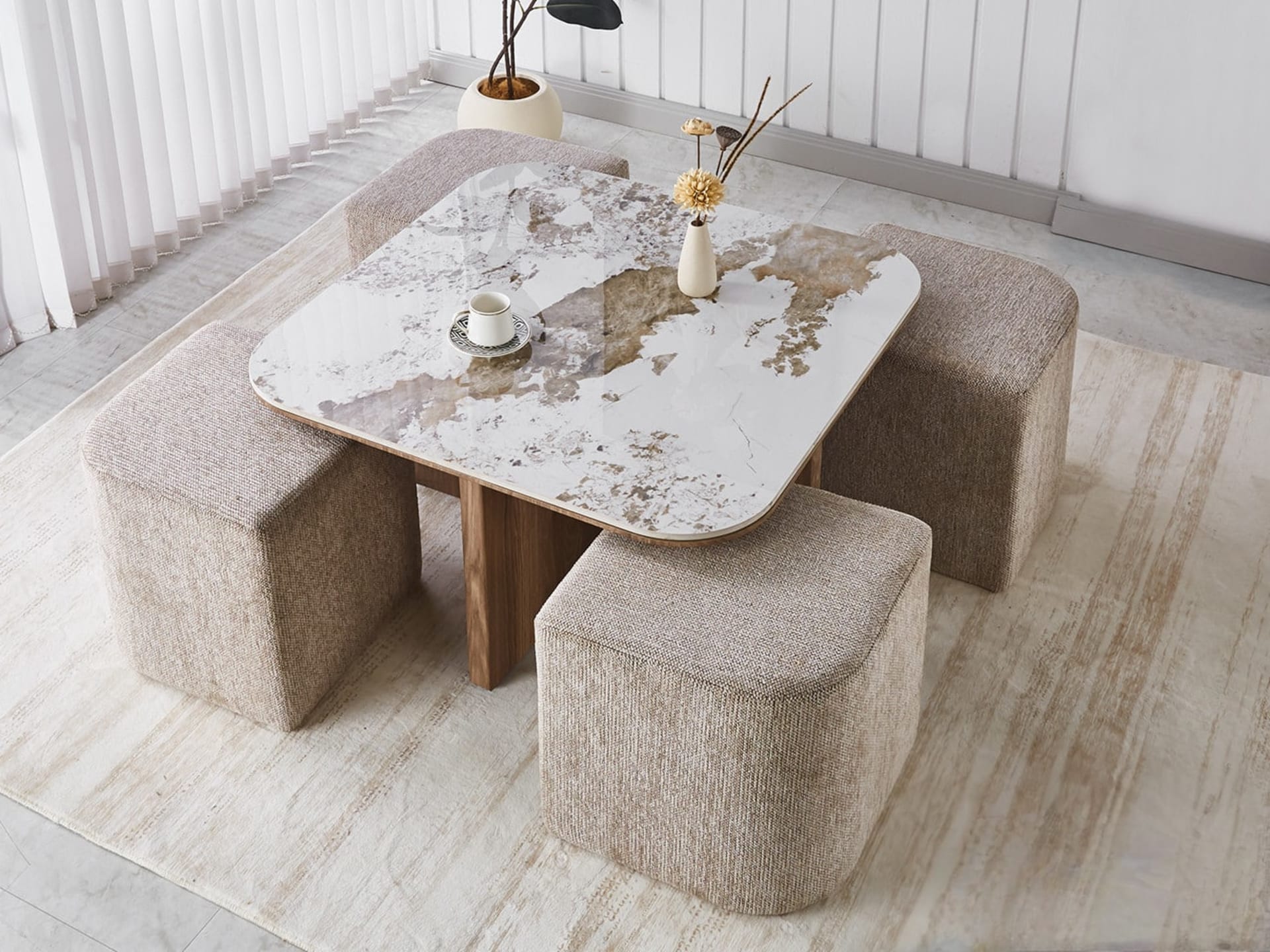 Salontafel 'Evora' met 4 poefs stof Glanzend Steen Pandora — foto 3 van 7