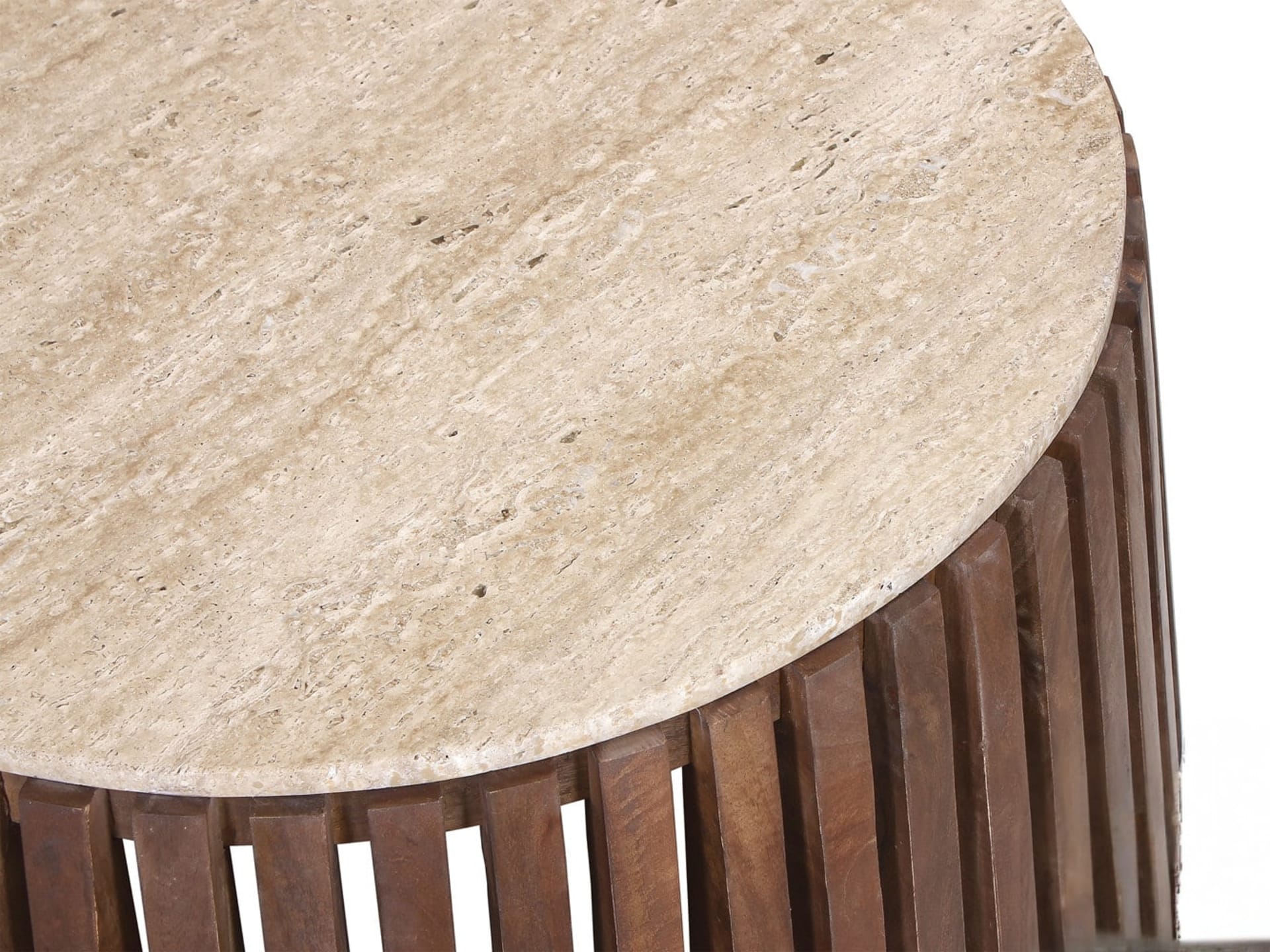 Salontafel 'Luuk' 70 cm Rond Mango hout met Travertin Beige — foto 4 van 5