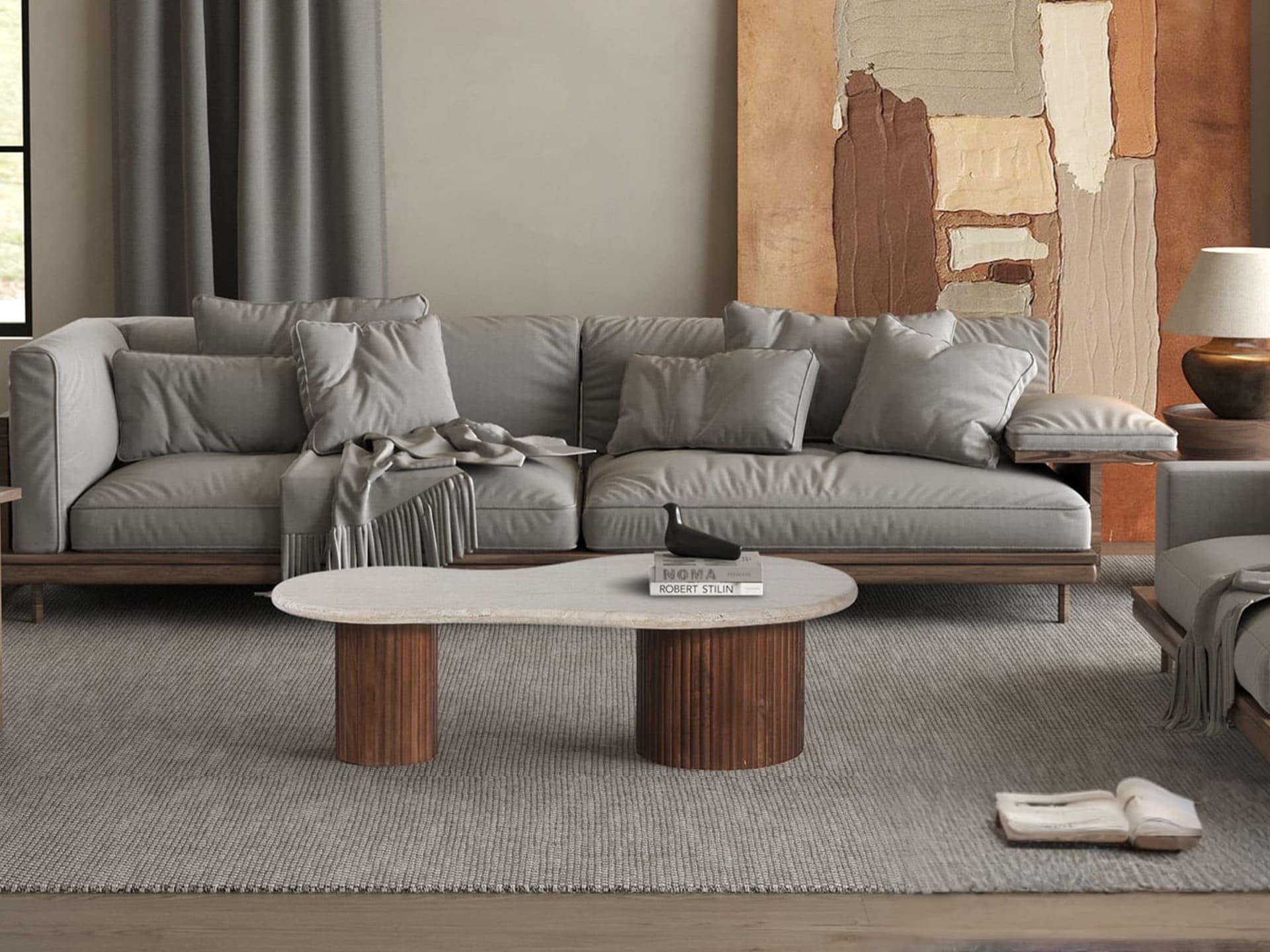 Salontafel 'Marlon' 120 cm Mango hout met Travertin Beige — foto 3 van 5