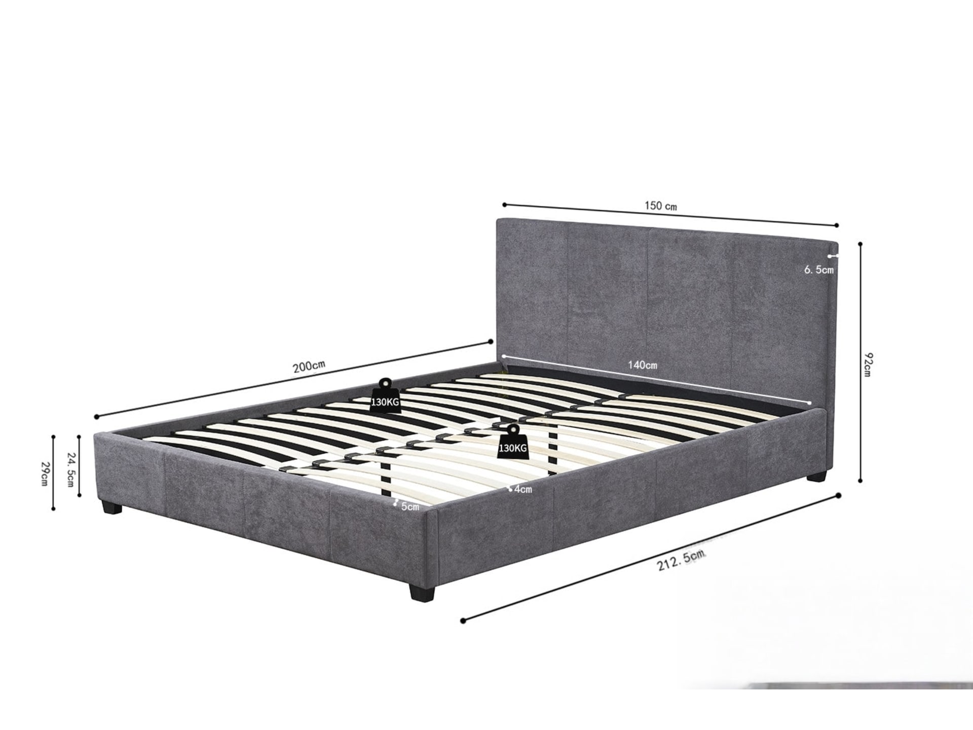 Bed 'Roma' 140×200 met lattenbodem Stof Grijs — foto 7 van 7