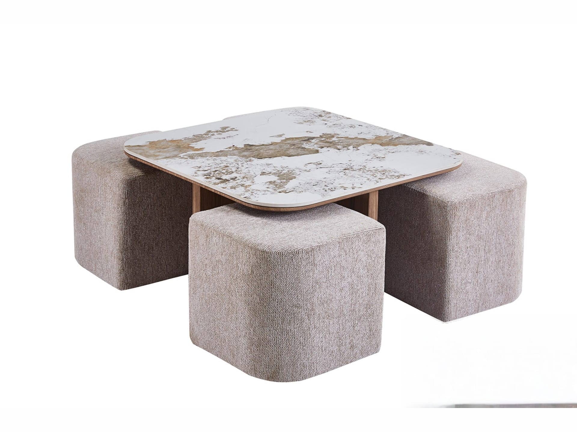 Salontafel 'Evora' met 4 poefs stof Glanzend Steen Pandora — foto 1 van 7
