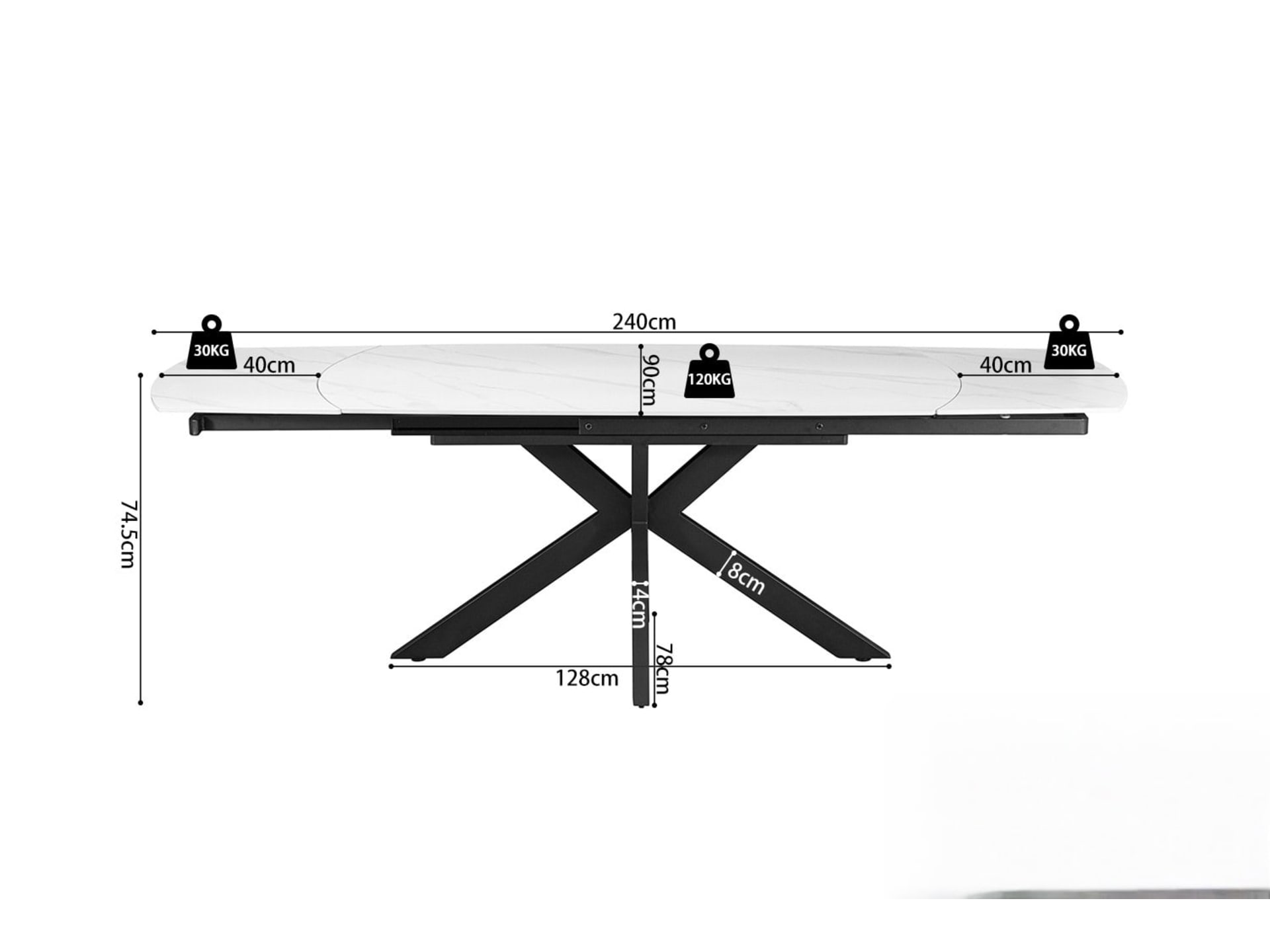 Uitschuifbare tafel 'Ares' 160-240 cm Deens Ovaal Steen Wit — foto 6 van 6