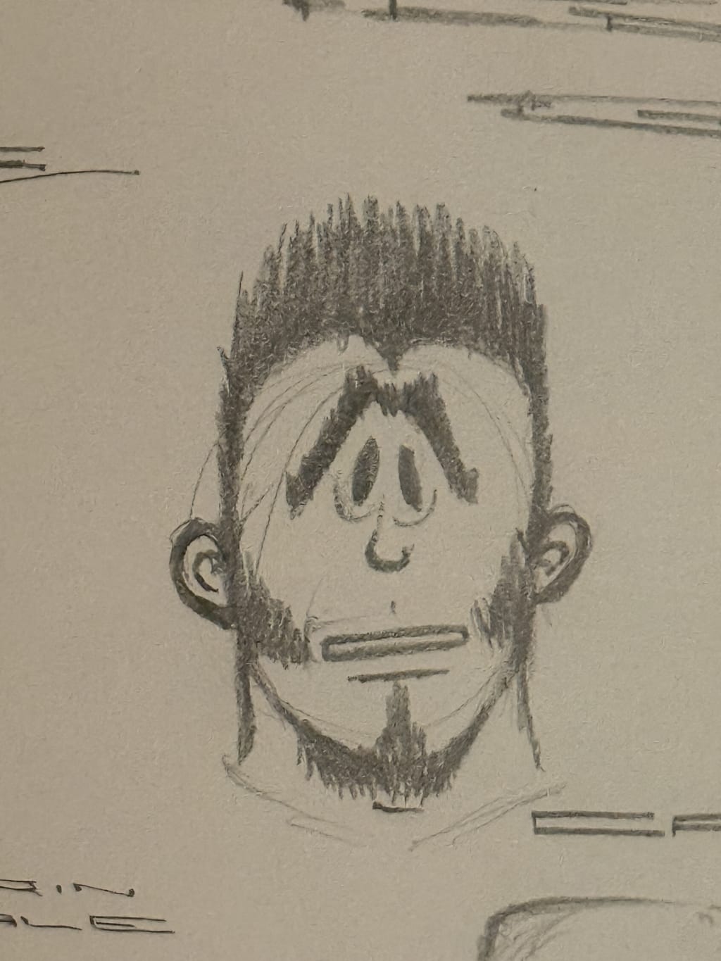 A pencil sketch of a worried cartoon man with spiky hair and sideburns.